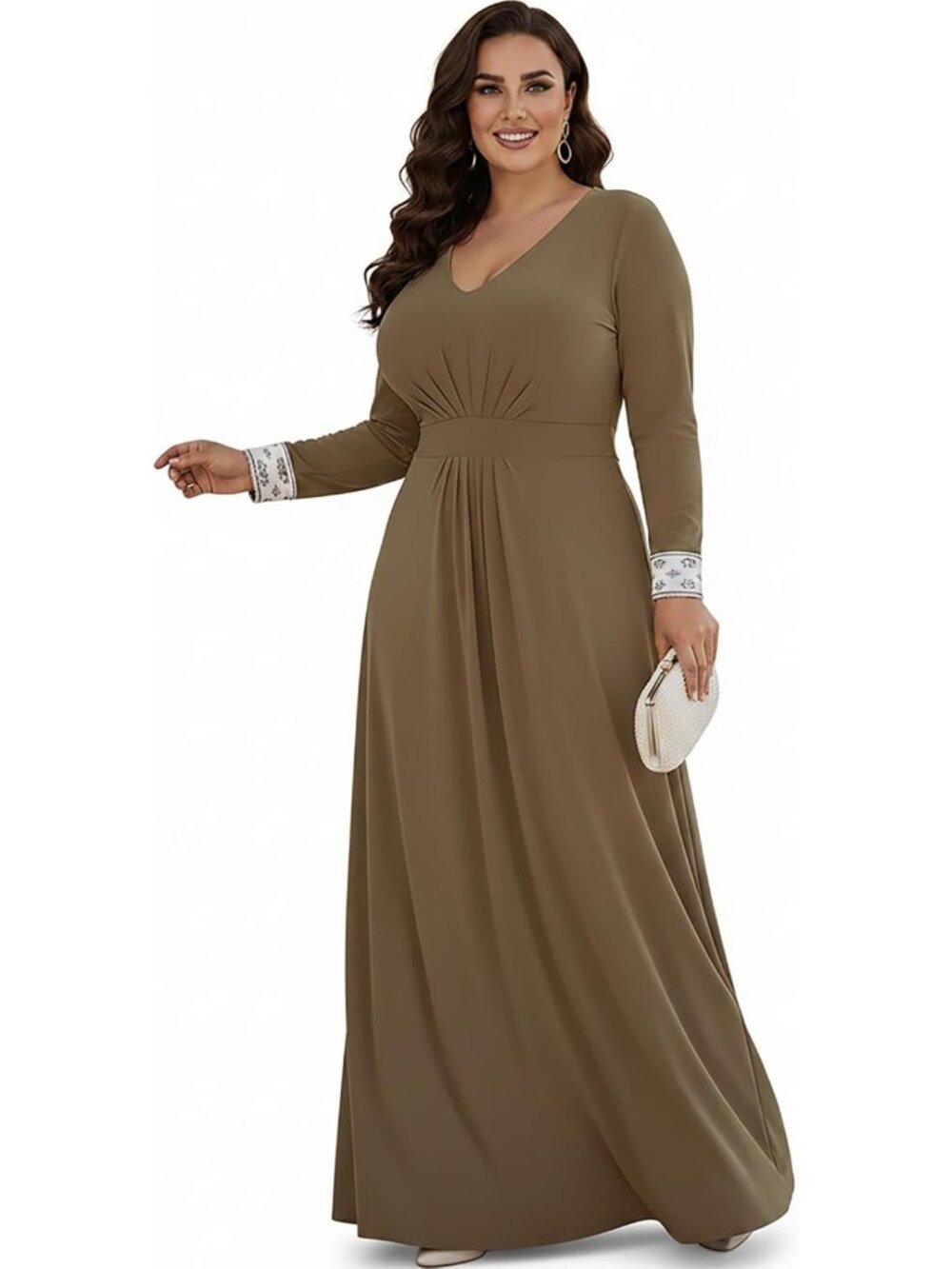 Flowy V-Neck Maxi Dress for Women | Long Sleeve, A-Line, Pleated Style